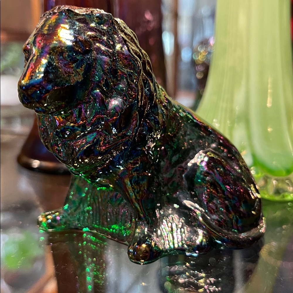 Vintage Mosser Glass Emerald Green Carnival Iridized Lion Figurine Paperweight - Picture 9 of 14